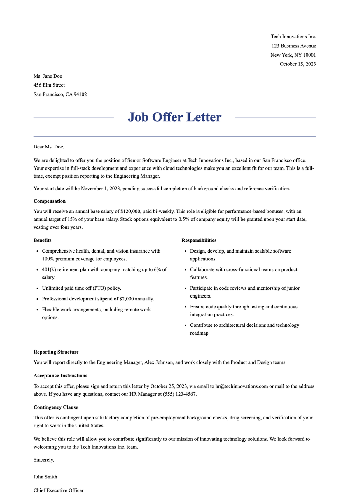 Professional job offer letter template with placeholders_variant_1